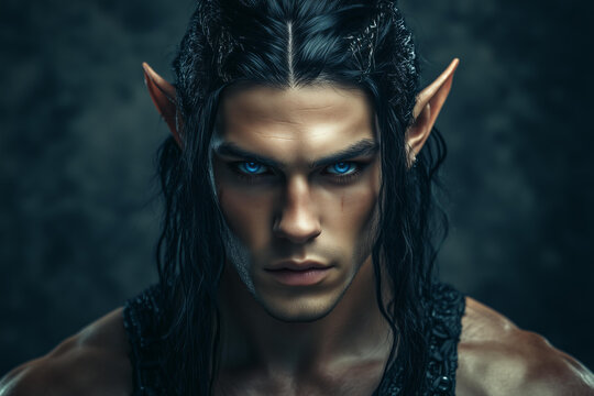 andsome brutal possessive man with black hair and blue eyes, elf ears, wearing fantasy black outfit. He has a muscular body against a dark grey background . It is a charming character