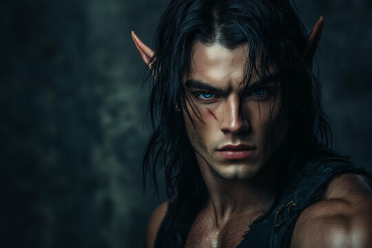andsome brutal possessive man with black hair and blue eyes, elf ears, wearing fantasy black outfit. He has a muscular body against a dark grey background . It is a charming character