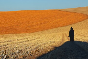 Obraz premium A lone scarecrow stands guard over a harvested field, casting a long shadow.