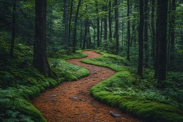 A serene forest trail winds through lush greenery, inviting exploration into the untouched wilderness.