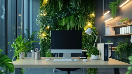 Modern office workspace with plants, computer, and stylish decor. A calm environment promoting productivity and creativity.