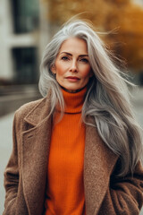 beautiful, elegant senior woman in a orange sweater and brown coat, with long grey hair, walking on the autumn street and looking at the camera. Concept for business success, fashion and aging
