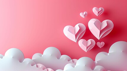 Pink Paper Hearts and Clouds on a Pink Background