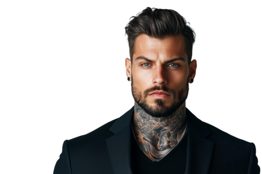 tanned skin, hot and attractive Italian mafia billionaire with a tattoo on his neck , wearing a luxurious black suit. Looking at camera with piercing and sensual gaze. isolated png