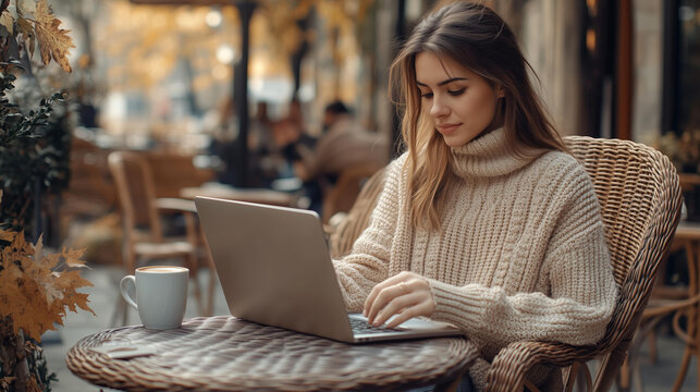 Beautiful woman working on a laptop computer while sitting in a wicker chair at a outdoors autumn cafe with cozy fall street atmosphere , a coffee cup near her hand