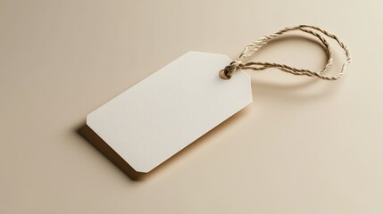 A white tag with a brown cord hanging from it