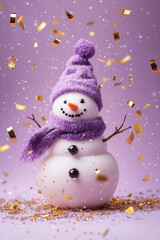 Obraz premium happy traditional christmas or new year snowman with a pastel purple scarf and pastel purple hat decorated with golden blurred confetti flying around, isolated on a pastel purple 
