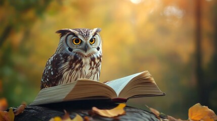 A wise owl sits perched on a book, surrounded by autumn leaves, with a warm, golden glow in the background.