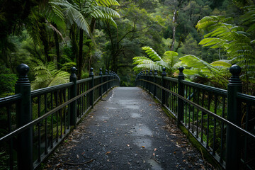 Obraz premium A misty tropical jungle with a bridge cutting through dense, lush greenery