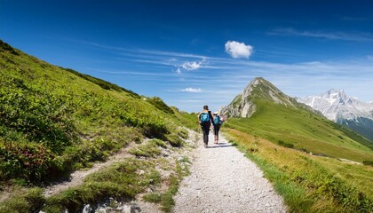 Obraz premium Tourists hiking along the mountain path, hills and a blue sky
