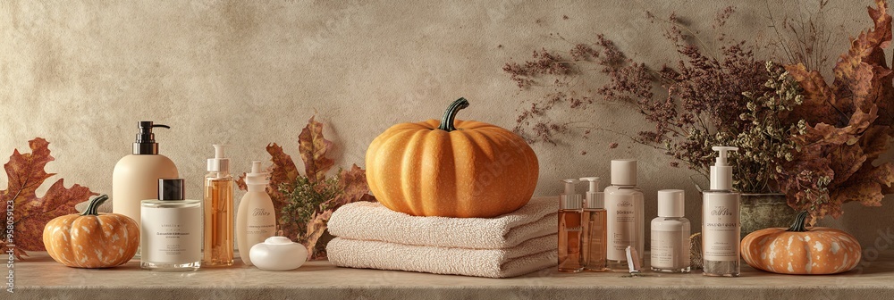 Poster A shelf with a variety of beauty products and a pumpkin on top