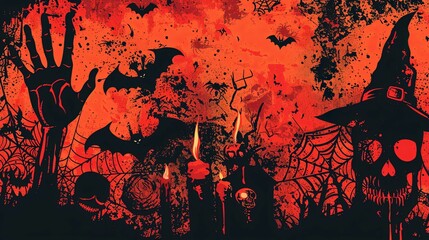 Halloween Skull, Witch Hat, and Bats Against a Red and Black Spattered Background
