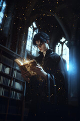 handsome possessive hero warlock man with black hair , wearing dark fantasy wizard sorcerer outfit, holds an ancient book glowing in his hands with magic spells , standing inside a medieval library. 