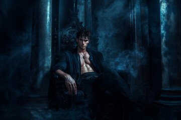 handsome man with dark hair, blue eyes, and a muscular body wearing fantasy outfit sits casually on a black throne in the castle , wearing all-black , shadows swirling around him. 