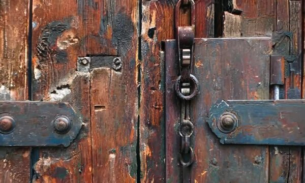 Rustic wooden door with metal hinges, Video