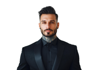 tanned skin, hot and attractive Italian mafia billionaire with a tattoo on his neck , wearing a luxurious black suit. Looking at camera with piercing and sensual gaze. isolated png