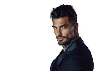 Obraz premium tanned skin, hot and attractive Italian mafia billionaire with a tattoo on his neck , wearing a luxurious black suit. Looking at camera with piercing and sensual gaze. isolated png