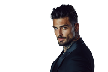 tanned skin, hot and attractive Italian mafia billionaire with a tattoo on his neck , wearing a luxurious black suit. Looking at camera with piercing and sensual gaze. isolated png