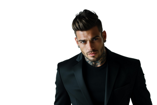 tanned skin, hot and attractive Italian mafia billionaire with a tattoo on his neck , wearing a luxurious black suit. Looking at camera with piercing and sensual gaze. isolated png