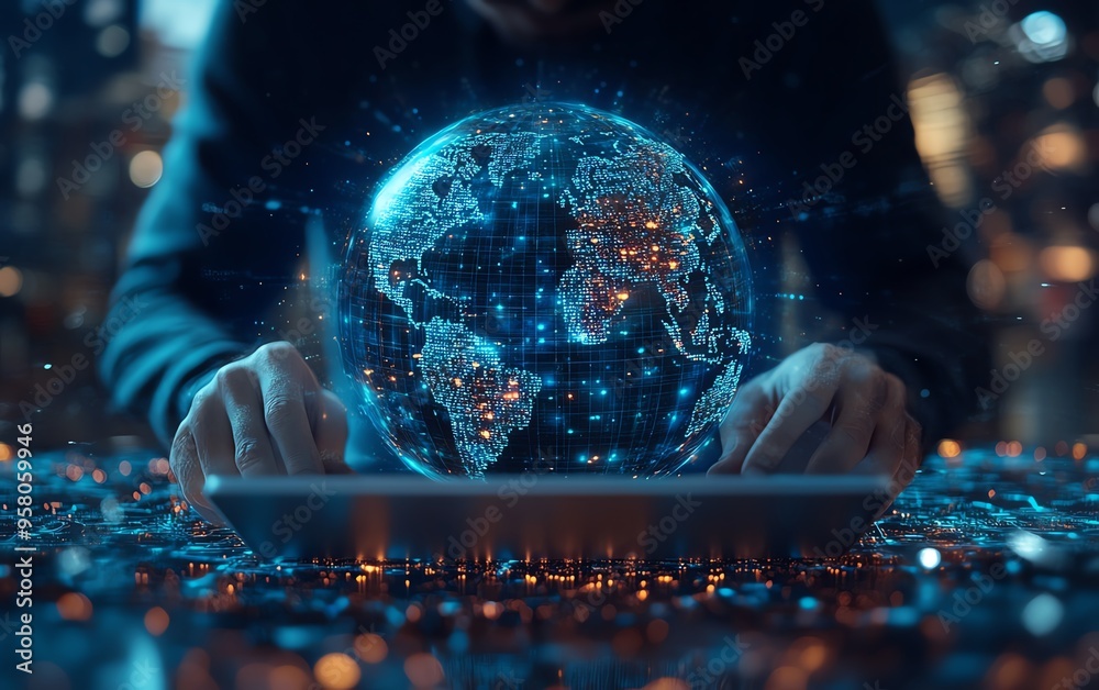 Aufkleber Technical support concept with a software engineer using a laptop, surrounded by global network graphics and IT support technology