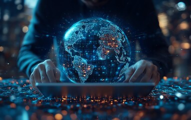 Technical support concept with a software engineer using a laptop, surrounded by global network graphics and IT support technology