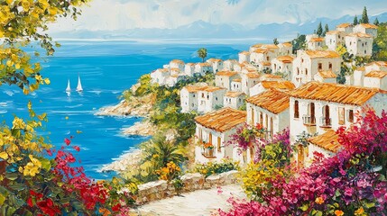 A painting of a town with a blue ocean in the background