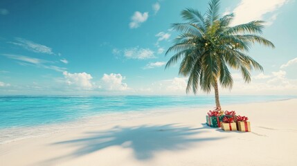 A palm tree is on a beach with a few boxes of gifts. The scene is peaceful and relaxing, with the ocean in the background