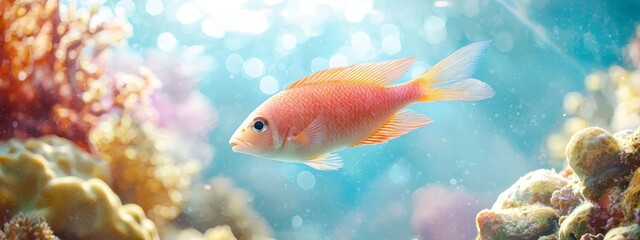 Naklejka premium A tight shot of a goldfish swimming in an aquarium, surrounded by corals in the foreground