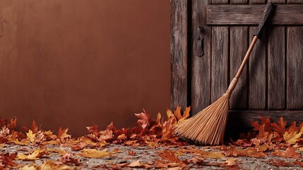 An ultra-sharp image of a witch is broom leaning against an old wooden door, surrounded by autumn leaves. The background is solid brown, providing contrast to the fine details of the broom.