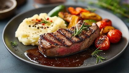 Tender meat, expertly seasoned, served with smooth mashed potatoes and crispy roasted vegetables, beautifully arranged on a plate