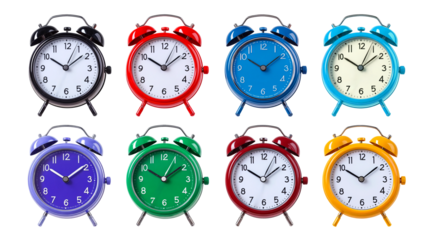 Collection of Colorful Vintage Analog Alarm Clocks Isolated on Transparent Background – Classic Retro Style Clocks in Black, Red, Blue, Green, and Yellow for Time and Wake-Up Concepts