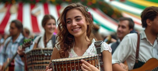 Naklejka premium Munich Oktoberfest with a German womans band plying traditional instruments. Musicians plays on evening city street. Traditional Bavarian music at an Oktoberfest celebration