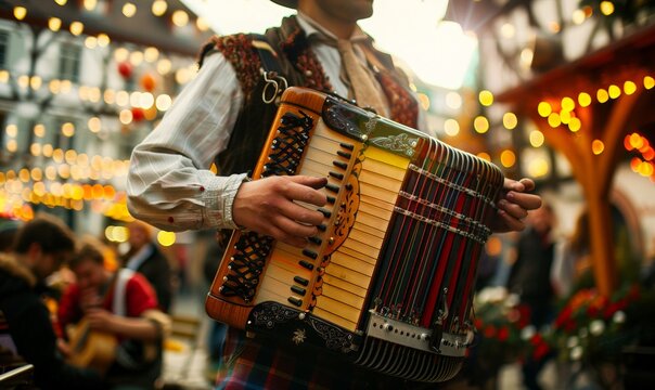 Traditional German accordion player performing folk music at a festival  Octoberfest.  Old Musician  plays on evening city street. Traditional Bavarian music at an Oktoberfest celebration