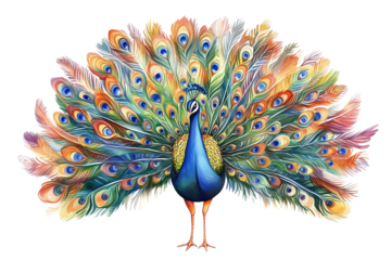 Peacock with radiant feathers isolated on transparent background
