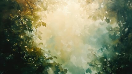 Abstract forms in soft greens and browns, representing the tranquil beauty of a sunlit forest floor