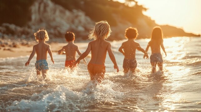 A group of children are playing in the ocean. The children are bare-chested and are splashing in the water