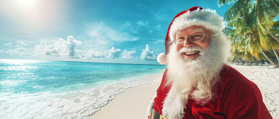 Santa Claus on vacation at beach, smiling joyfully with ocean in background. scene captures festive and relaxed atmosphere.