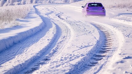 Snow-covered road with a track leading through the pristine white landscape
