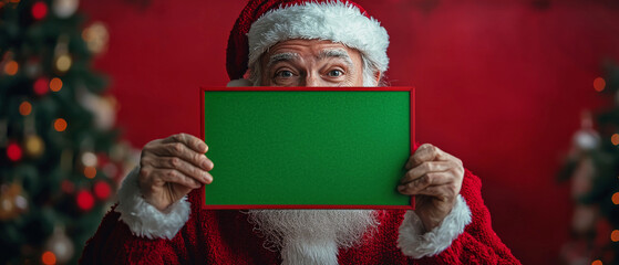 Cheerful Santa Claus holds green screen photo frame, perfect for holiday greetings. festive background adds to joyful atmosphere.