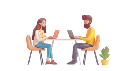 3D Cartoon Characters of a Man and Woman Conversing at a Table with a Laptop, for Web Banner, Advertising, and Magazine Cover Design, transparent background