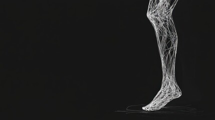 A wireframe representation of a human leg against a black background, illustrating the intricate network of bones, tendons, and muscles.