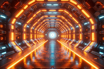 A 3D-rendered futuristic spaceship tunnel corridor with illuminated lights serves as a captivating...