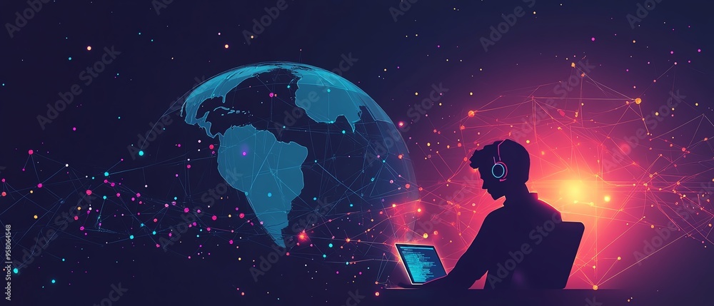 Poster Visual of technical support and customer service, highlighting a software engineer with a laptop, global network connections, and IT support digital system services