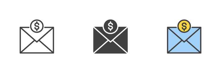 Envelope with dollar symbol different style icon set