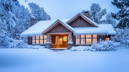Rustic wooden cottage nestled amidst snow-kissed pine trees, offering a cozy escape in the heart of a winter wonderland