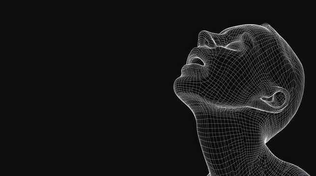 Wireframe of a human head looking up with copy space.