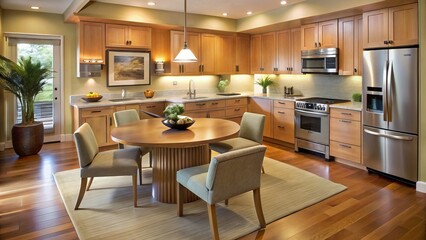 Light wooden cabinetry, stainless steel appliances, and plush velvet seating combine to create a warm and inviting 2002