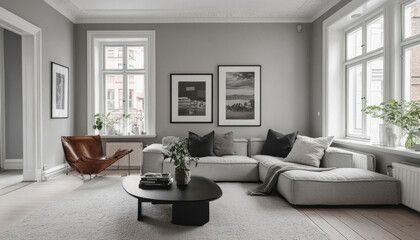 Modern living room interior with large windows providing natural light