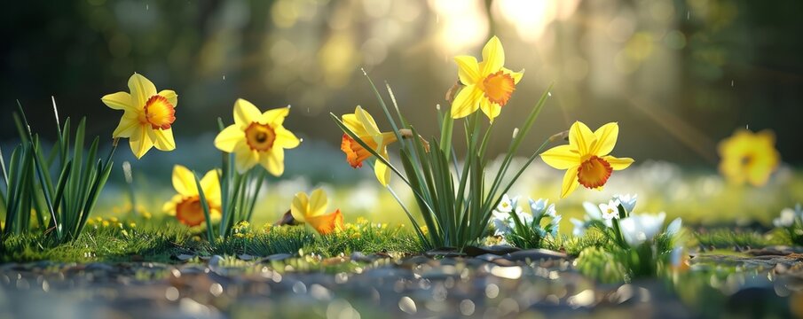Bright yellow daffodils in early spring light, 4K hyperrealistic photo