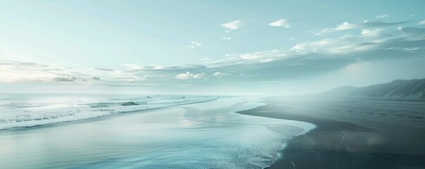 Fototapeta premium Early morning mist rolling over a deserted beach, 4K hyperrealistic photo